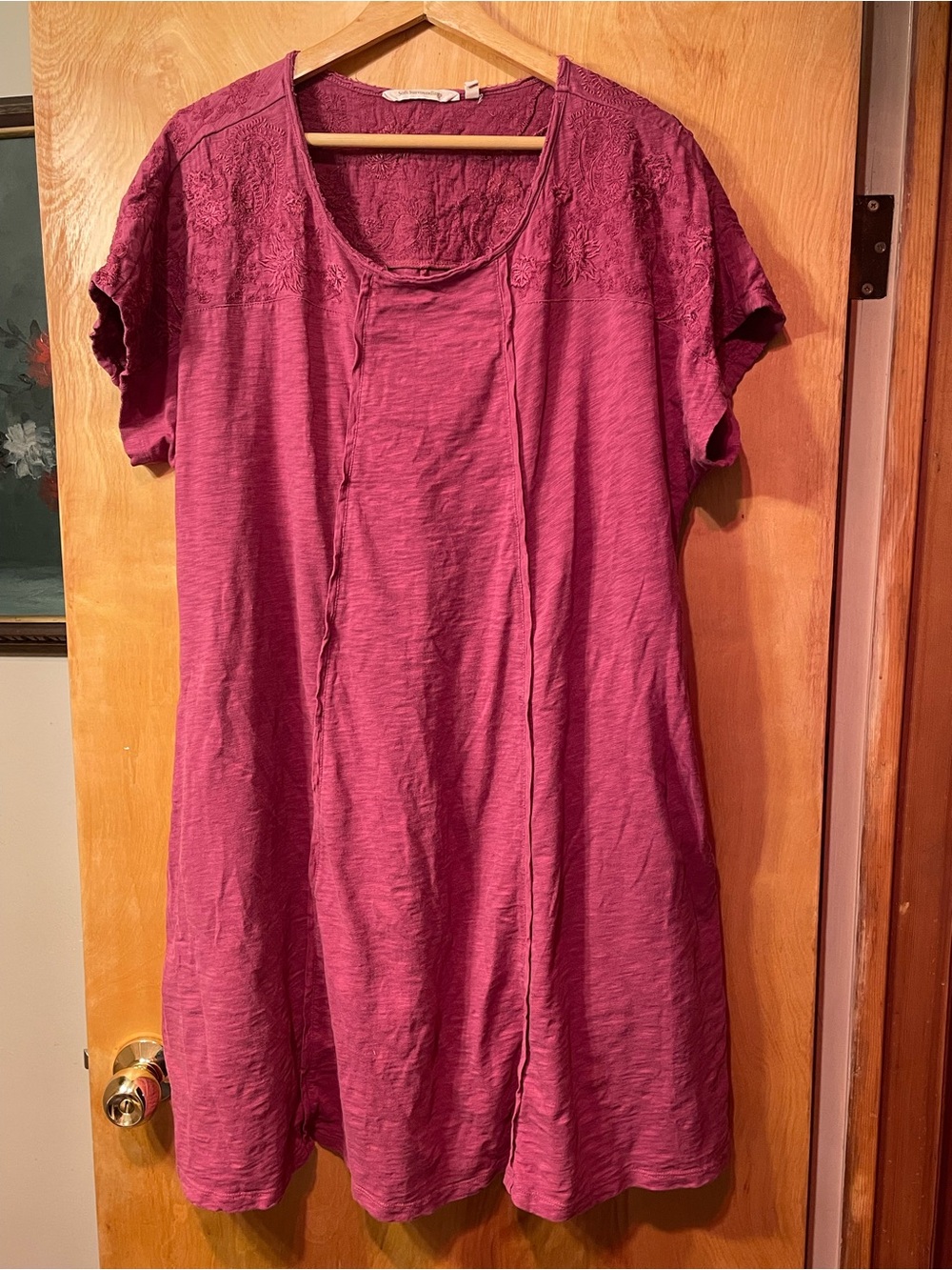 Soft Surroundings Raspberry Short Sleeve Embroidered Scoop Neck Dress